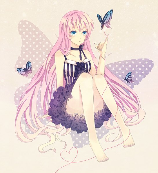 Anime picture 1000x1100 with vocaloid megurine luka tagme (artist) single long hair tall image fringe breasts white background sitting pink hair barefoot aqua eyes bare legs :o alternate costume sleeveless insect wings butterfly wings heart of string