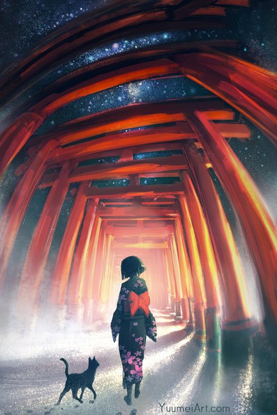 Anime picture 1500x2250 with original yuumei single tall image short hair black hair traditional clothes japanese clothes from behind night shadow night sky fog girl bow animal kimono star (stars) obi cat