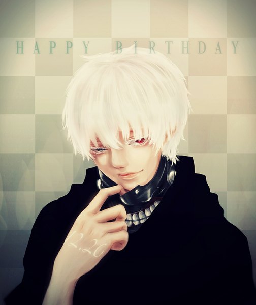 Anime picture 900x1071 with tokyo ghoul studio pierrot kaneki ken bio single tall image short hair blue eyes red eyes white hair inscription heterochromia portrait happy birthday checkered checkered background boy mask