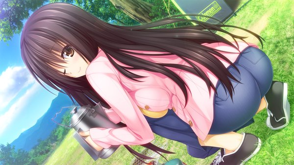 Anime picture 1280x720 with pretty x cation hibiki works yakuouji komachi oryou single long hair looking at viewer blush breasts light erotic black hair smile wide image large breasts brown eyes game cg sky cloud (clouds) ass one eye closed