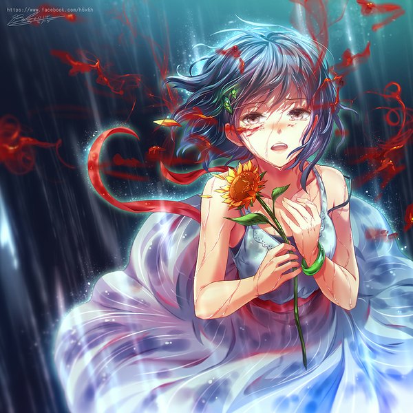 Anime picture 1000x1000 with original 1991 (blz) single looking at viewer blush short hair open mouth bare shoulders brown eyes blue hair tears rain girl dress hair ornament flower (flowers) ribbon (ribbons) petals bracelet sundress