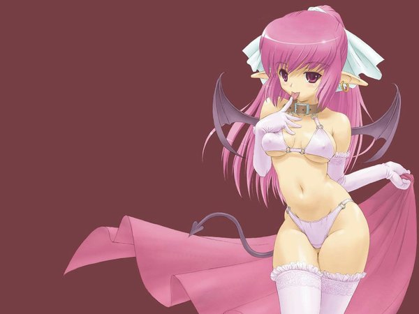 Anime picture 1024x768 with original nira (character) inu single long hair light erotic simple background pink hair tail pink eyes pointy ears midriff demon tail girl thighhighs gloves navel underwear panties earrings