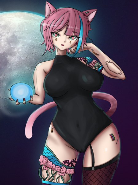 Anime picture 2997x3995 with original rainbow d fox single tall image looking at viewer fringe highres short hair open mouth light erotic simple background standing bare shoulders holding green eyes animal ears pink hair tail nail polish animal tail