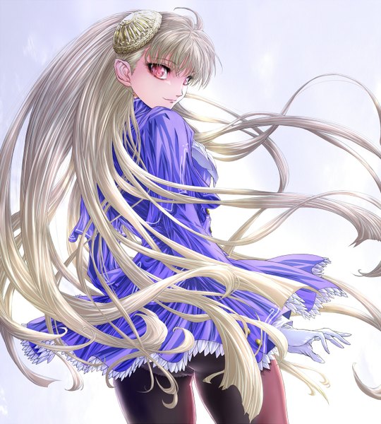 Anime picture 2800x3112 with capcom ingrid (capcom) auge (akd) single long hair tall image highres red eyes white background ahoge looking back grey hair girl dress gloves hair ornament