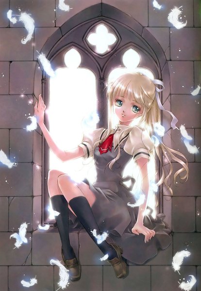 Anime picture 1202x1741 with air key (studio) kamio misuzu minakami kaori long hair tall image blonde hair green eyes full body ponytail light smile girl uniform ribbon (ribbons) hair ribbon school uniform window feather (feathers) loafers