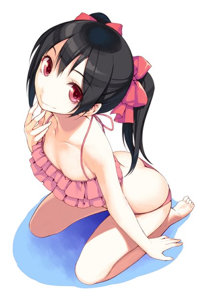 Anime picture 800x1136 with love live! school idol project sunrise (studio) love live! yazawa nico kimura daisuke long hair tall image looking at viewer light erotic black hair simple background smile red eyes white background twintails full body girl swimsuit