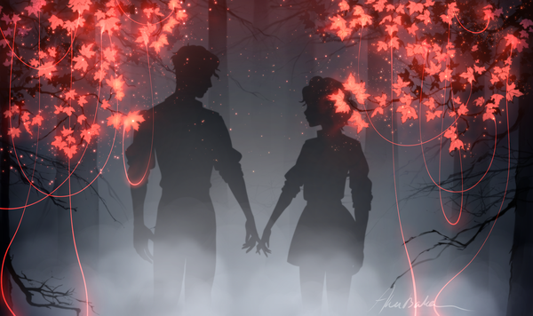 Anime picture 2100x1245 with original akubaka highres short hair wide image standing signed profile sparkle couple silhouette twisty sleeves fog gloom girl boy skirt plant (plants) tree (trees) leaf (leaves)