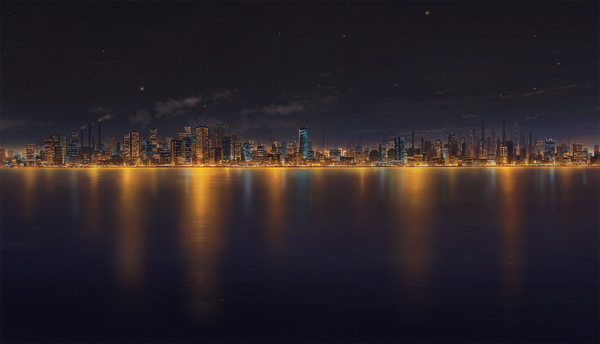 Anime picture 1644x943 with original cola (pixiv) wide image cloud (clouds) night night sky city reflection smoke cityscape no people city lights water building (buildings) star (stars) smoke stack