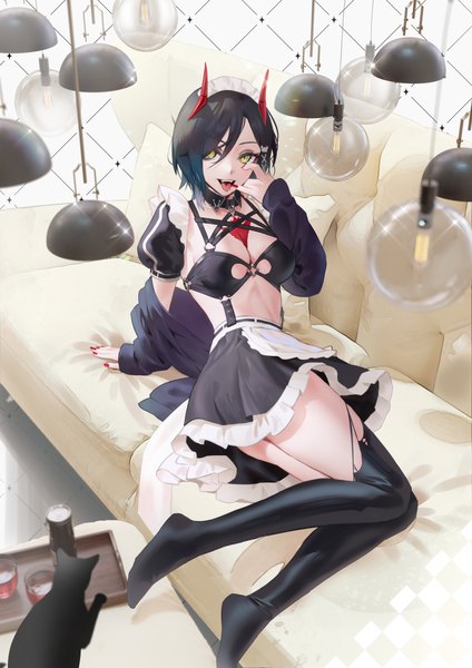 Anime picture 3718x5266 with azur lane ulrich von hutten (azur lane) ulrich von hutten (mayhem maid) (azur lane) cirilla single tall image looking at viewer fringe highres short hair breasts open mouth light erotic black hair smile hair between eyes large breasts yellow eyes absurdres bent knee (knees)
