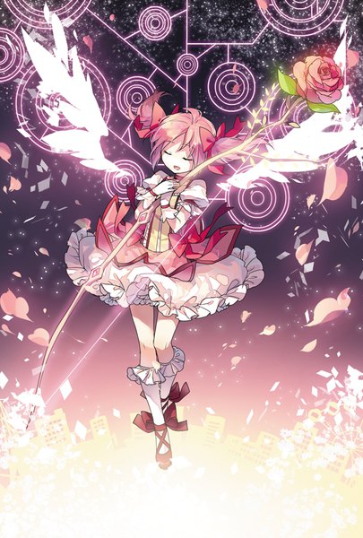 Anime picture 600x888 with mahou shoujo madoka magica shaft (studio) kaname madoka rella single tall image fringe short hair open mouth twintails holding payot pink hair full body eyes closed wind night puffy sleeves night sky hand on chest