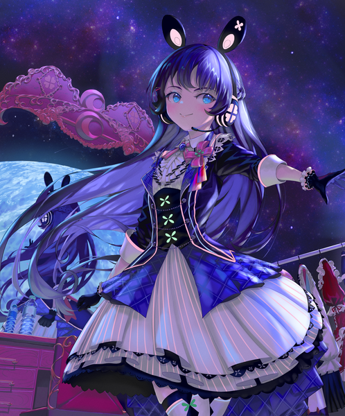 Anime picture 2912x3508 with virtual youtuber nijisanji tsukino mito atatatatame01 single long hair tall image blush highres blue eyes smile animal ears looking away purple hair bunny ears outstretched arm fake animal ears bad proportions girl gloves