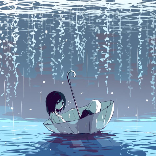 Anime picture 800x800 with original avogado6 single looking at viewer fringe short hair black hair bare shoulders bent knee (knees) black eyes monochrome rain reclining transparent umbrella solid eyes girl water umbrella