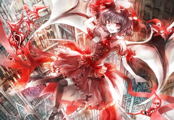 Anime picture 1500x1036 with touhou remilia scarlet ultimate asuka single short hair smile red eyes purple hair teeth fang (fangs) flying bat wings girl thighhighs dress bow hat wings castle