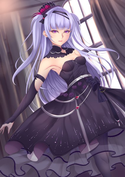 Anime picture 1240x1754 with azur lane ajax (azur lane) ajax (party queen) (azur lane) shiro usagi single long hair tall image looking at viewer blush fringe breasts standing purple eyes payot purple hair indoors blunt bangs armpit (armpits) two side up tsurime