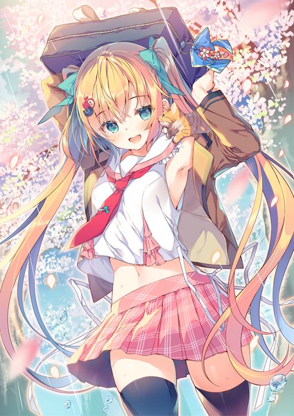 Anime picture 1200x1697 with original moe2019 miwabe sakura single long hair tall image looking at viewer blush fringe open mouth blue eyes blonde hair smile hair between eyes holding sky outdoors :d pleated skirt wind