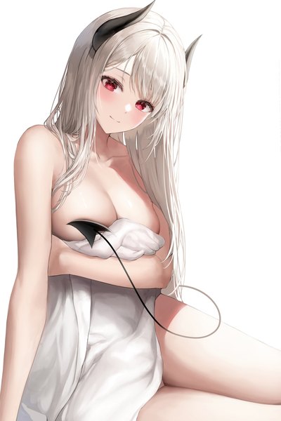 Anime-Bild 3000x4500 mit original torrentduck single long hair tall image looking at viewer blush fringe highres breasts light erotic simple background red eyes large breasts white background sitting silver hair tail blunt bangs head tilt