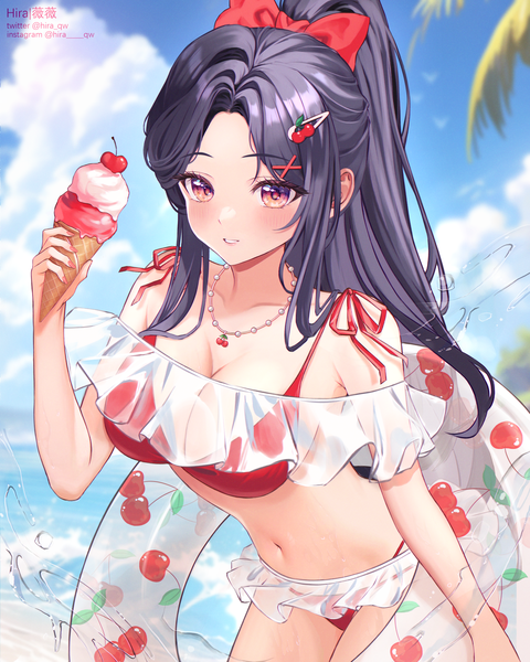 Anime picture 3600x4500 with original hira qw single long hair tall image highres breasts light erotic black hair large breasts signed looking away absurdres sky cloud (clouds) outdoors ponytail pink eyes leaning leaning forward