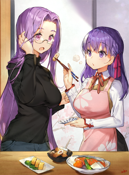 Anime picture 800x1086 with fate (series) fate/stay night emiya-san chi no kyou no gohan matou sakura rider whoisshe long hair tall image blush fringe breasts open mouth hair between eyes large breasts standing purple eyes multiple girls holding purple hair indoors