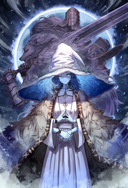 Anime picture 1226x1800 with elden ring ranni the witch blaidd the half-wolf preceptor seluvis war counselor iji kuroi susumu tall image looking at viewer short hair blue eyes standing holding blue hair looking away head tilt one eye closed wide sleeves multiple boys fingers together weapon over shoulder