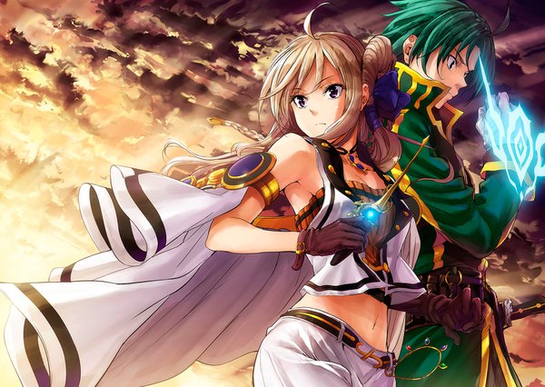 Anime picture 1500x1066 with grancrest senki a-1 pictures siluca meletes theo cornaro mikuni mizuki long hair fringe short hair breasts blonde hair hair between eyes standing purple eyes bare shoulders holding payot looking away sky cloud (clouds) upper body