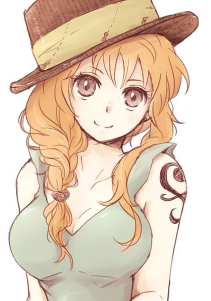 Anime picture 565x805 with one piece toei animation nami (one piece) tagme (artist) single long hair tall image looking at viewer breasts simple background smile white background brown eyes cleavage braid (braids) orange hair tattoo sleeveless single braid portrait