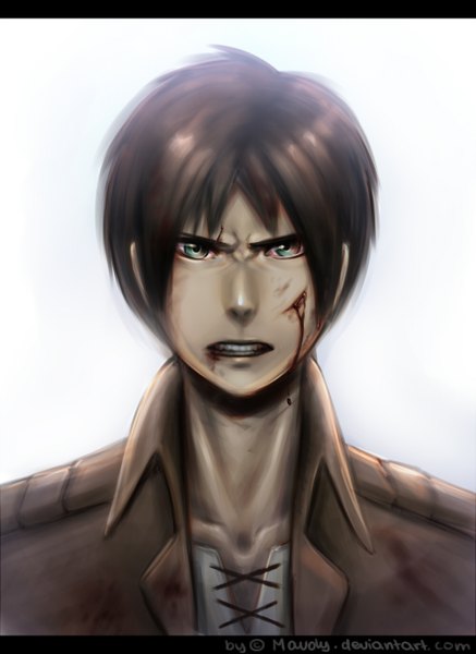 Anime picture 1000x1372 with shingeki no kyojin production i.g eren yaeger mavoly single tall image looking at viewer short hair black hair white background green eyes signed open clothes open jacket grin face boy shirt blood