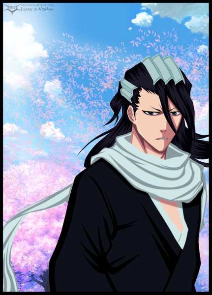 Anime picture 1024x1425 with bleach studio pierrot kuchiki byakuya xset single long hair tall image blue eyes black hair sky cloud (clouds) japanese clothes coloring cherry blossoms boy plant (plants) petals tree (trees) kimono scarf