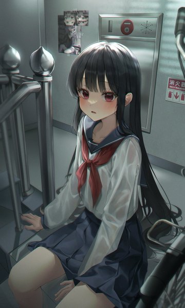 Anime picture 2457x4096 with original solcha single long hair tall image looking at viewer blush fringe highres open mouth black hair red eyes sitting indoors long sleeves pleated skirt between legs girl skirt uniform