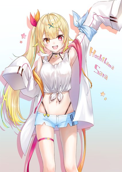 Anime picture 2508x3541 with virtual youtuber nijisanji hoshikawa sara hoshikawa sara (1st costume) nonon 813 single long hair tall image looking at viewer highres open mouth simple background blonde hair standing :d open clothes shadow midriff character names heterochromia