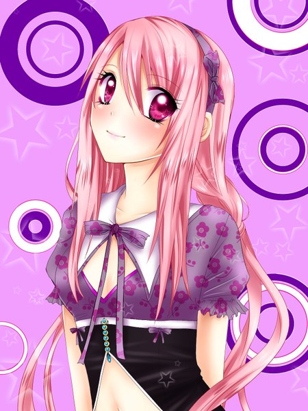 Anime picture 1200x1600 with original sakura (natsumii chan) nami (nyaa) single long hair tall image blush pink hair pink eyes light smile girl dress ribbon (ribbons) hair ribbon