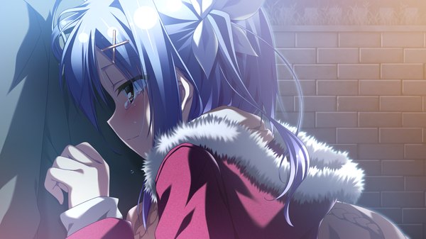 Anime picture 1280x720 with 12 no tsuki no eve shiina anzu blush short hair red eyes wide image blue hair game cg profile tears girl bow hair bow jacket