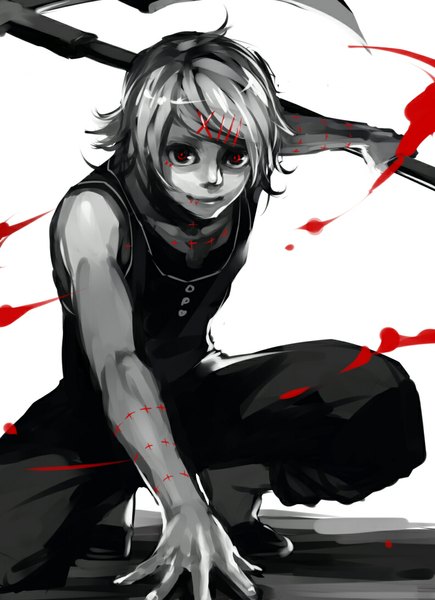 Anime picture 790x1090 with tokyo ghoul studio pierrot suzuya juuzou shiromi (ringo) single tall image looking at viewer fringe short hair smile red eyes holding grey hair squat boy hair ornament weapon bobby pin x hair ornament