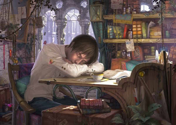 Anime picture 4169x2953 with original reishin single highres short hair brown hair absurdres indoors eyes closed crossed arms sleeping boy flower (flowers) plant (plants) book (books) insect butterfly chain feather (feathers) chair