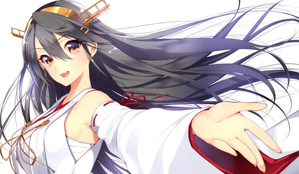 Anime picture 1200x698 with kantai collection haruna battleship matarou (genkai toppa) single long hair looking at viewer open mouth black hair wide image brown eyes girl hair ornament detached sleeves