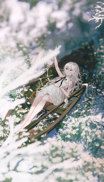 Anime picture 700x1222 with original daby single long hair tall image fringe yellow eyes silver hair full body outdoors lying barefoot arm up blurry on back depth of field looking up girl dress flower (flowers)