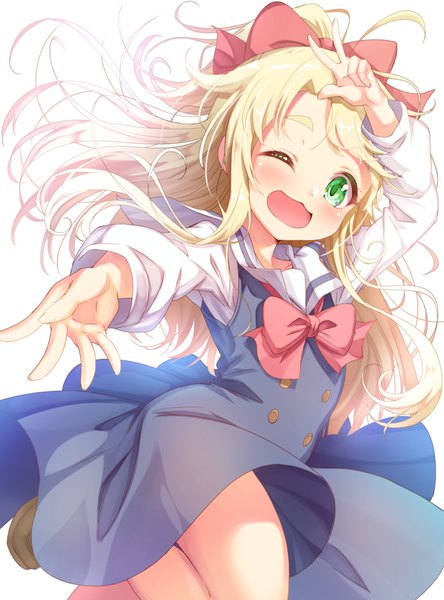 Anime picture 780x1052 with watashi ni tenshi ga maiorita! himesaka noa matokechi single long hair tall image looking at viewer blush fringe open mouth blonde hair simple background smile standing white background green eyes full body bent knee (knees) long sleeves one eye closed