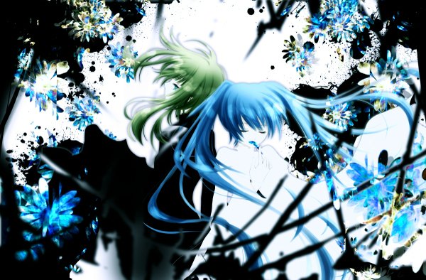 Anime picture 1200x789 with vocaloid hatsune miku gumi aonoe long hair blue eyes twintails multiple girls blue hair eyes closed green hair girl flower (flowers) 2 girls