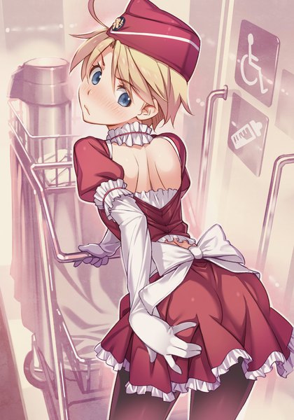 Anime picture 1400x2000 with rail wars! vania600 single tall image blush short hair blue eyes light erotic blonde hair ahoge ass looking back hand on ass girl gloves uniform bow hat pantyhose choker