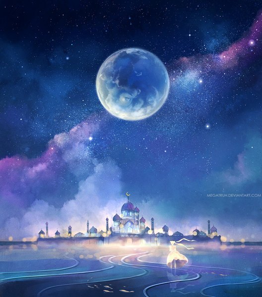 Anime picture 880x1000 with bishoujo senshi sailor moon toei animation princess serenity megatruh tall image blonde hair twintails sky wind night night sky landscape scenic panorama girl dress star (stars) planet castle earth