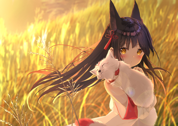 Anime picture 3508x2480 with azur lane nagato (azur lane) daitai sotogawa (futomomo) single long hair looking at viewer blush fringe highres brown hair bare shoulders holding animal ears yellow eyes absurdres outdoors wind blurry depth of field fox ears