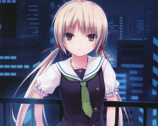Anime picture 2000x1600 with worlds and world's end miyagawa miyako coffee-kizoku single long hair looking at viewer highres open mouth blonde hair twintails brown eyes night city girl uniform bow hair bow school uniform serafuku necktie