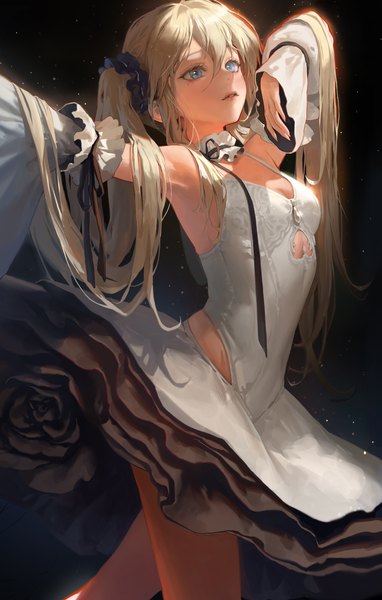 Anime picture 3000x4709 with original bangsom single long hair tall image fringe highres blue eyes simple background blonde hair hair between eyes parted lips mole wide sleeves arms up armpit (armpits) mole under eye black background ballerina ballet