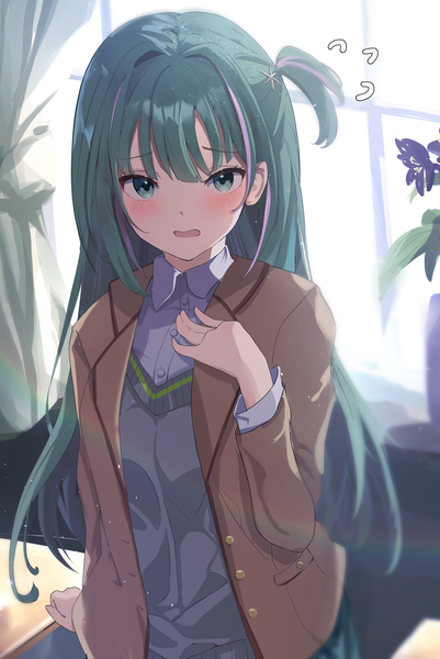 Anime picture 2695x4036 with idoly pride komiyama ai ooho0216 single long hair tall image looking at viewer blush highres green eyes indoors multicolored hair green hair embarrassed streaked hair one side up hand on chest flying sweatdrops girl window