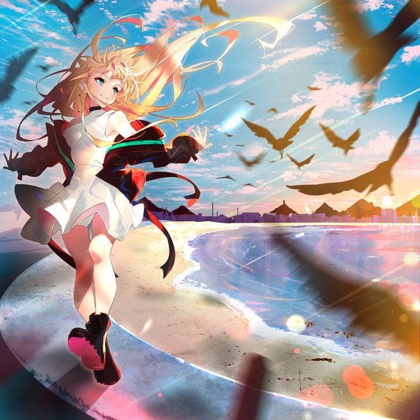 Anime picture 4096x4096 with original arutera single long hair blush fringe highres blue eyes blonde hair smile bare shoulders looking away absurdres sky cloud (clouds) full body outdoors wind sunlight blurry