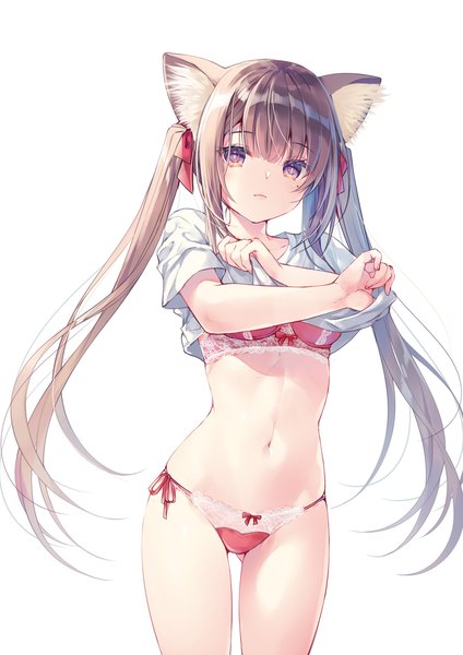 Anime picture 1357x1920 with original miwabe sakura single long hair tall image looking at viewer fringe breasts light erotic simple background brown hair standing white background purple eyes twintails animal ears payot blunt bangs arm up cat ears