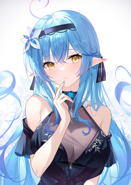Anime picture 2149x3035 with virtual youtuber hololive yukihana lamy black fire (peter02713) single long hair tall image looking at viewer fringe highres breasts light erotic hair between eyes large breasts yellow eyes blue hair ahoge pointy ears finger to mouth girl