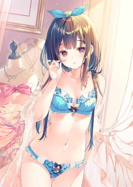 Anime picture 854x1200 with original miwabe sakura single long hair tall image looking at viewer blush fringe breasts open mouth light erotic black hair red eyes standing payot cleavage indoors blunt bangs nail polish multicolored hair