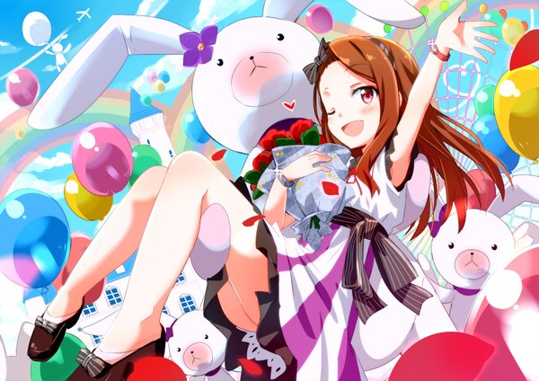 Anime picture 1753x1240 with idolmaster minase iori gotyou single long hair blush highres open mouth red eyes brown hair one eye closed wink girl dress flower (flowers) bow hair bow toy stuffed animal balloon