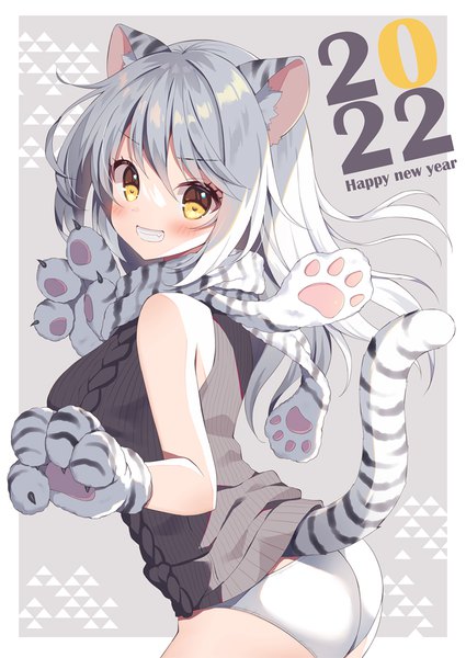 Anime picture 720x1016 with original mauve single long hair tall image looking at viewer blush fringe light erotic smile hair between eyes animal ears yellow eyes silver hair ass tail animal tail grey background sleeveless grin