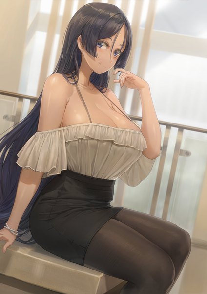 Anime picture 2896x4096 with fate (series) fate/grand order minamoto no raikou (fate) free style (yohan1754) single long hair tall image looking at viewer blush fringe highres breasts blue eyes light erotic smile hair between eyes sitting bare shoulders blue hair cleavage